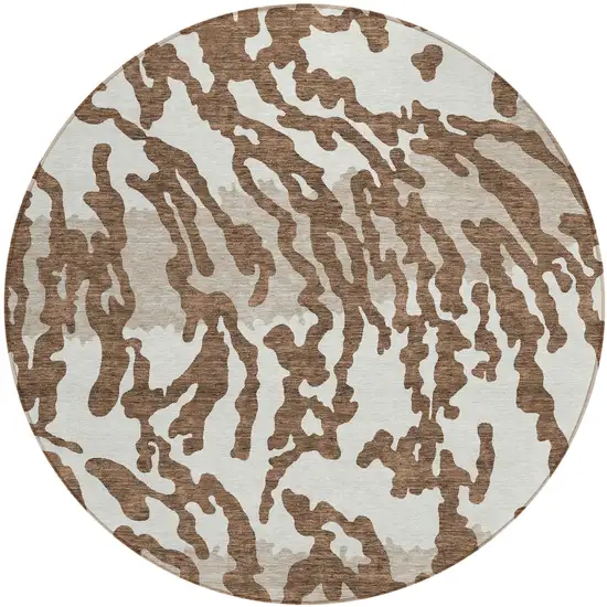 8' Chocolate Beige And Ivory Round Animal Print Washable Indoor Outdoor Area Rug Photo 2
