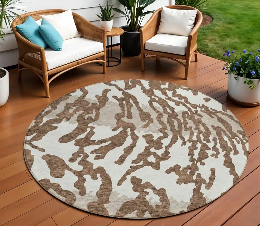 8' Chocolate Beige And Ivory Round Animal Print Washable Indoor Outdoor Area Rug Photo 1