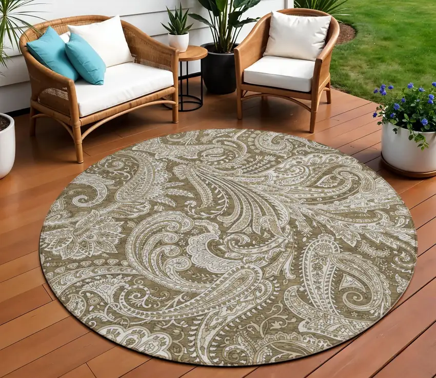 8' Chocolate Beige And Ivory Round Paisley Washable Indoor Outdoor Area Rug Photo 1