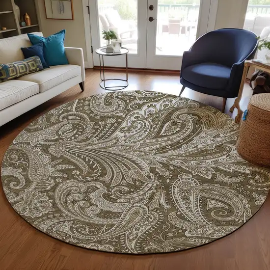 8' Chocolate Beige And Ivory Round Paisley Washable Indoor Outdoor Area Rug Photo 7