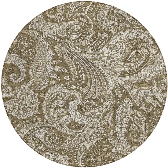8' Chocolate Beige And Ivory Round Paisley Washable Indoor Outdoor Area Rug Photo 2