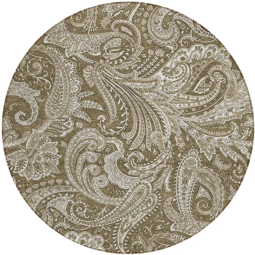 8' Chocolate Beige And Ivory Round Paisley Washable Indoor Outdoor Area Rug Photo 2