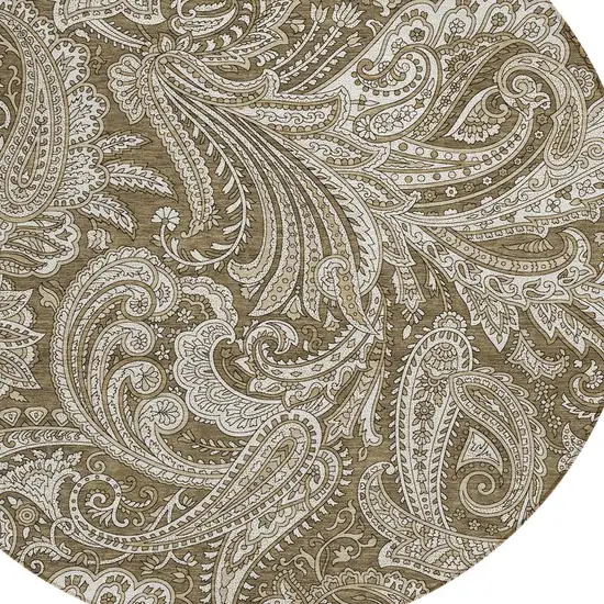 8' Chocolate Beige And Ivory Round Paisley Washable Indoor Outdoor Area Rug Photo 4