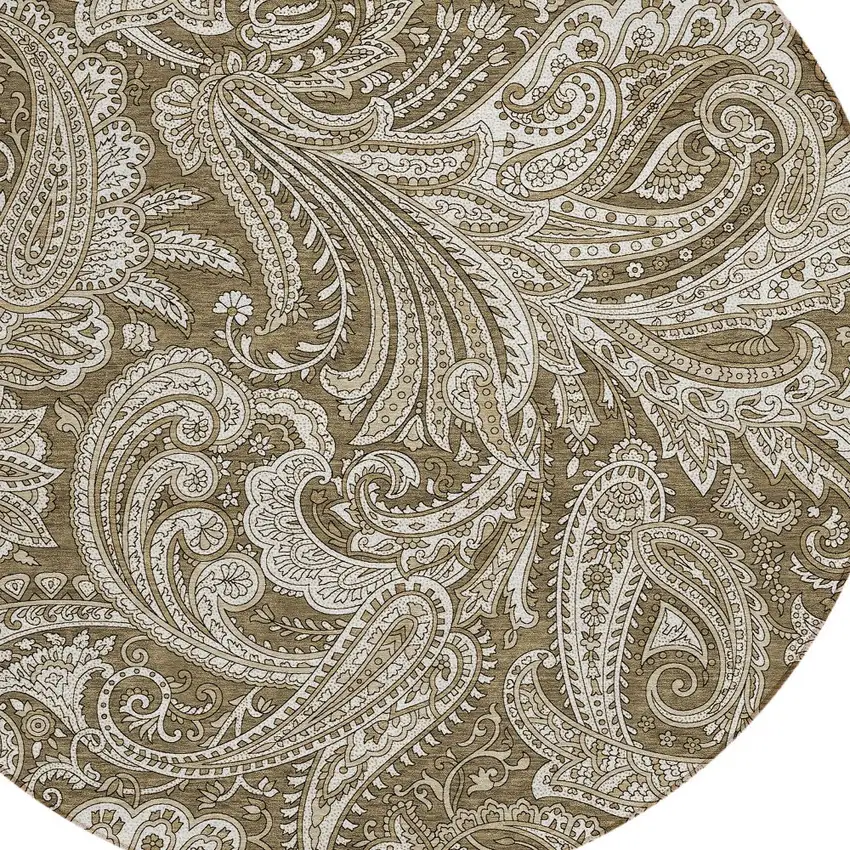 8' Chocolate Beige And Ivory Round Paisley Washable Indoor Outdoor Area Rug Photo 4