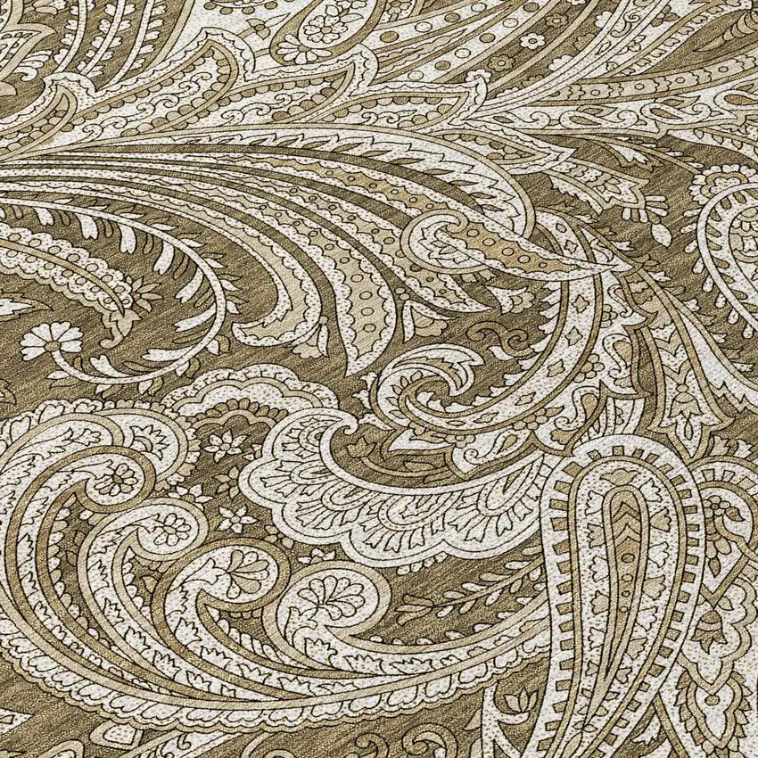 8' Chocolate Beige And Ivory Round Paisley Washable Indoor Outdoor Area Rug Photo 8