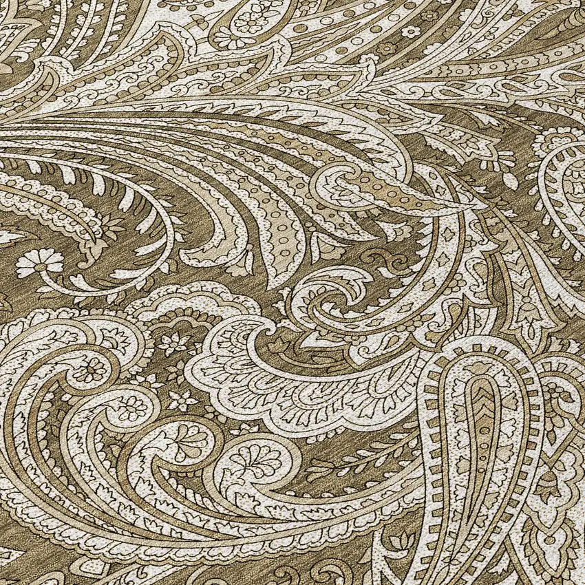 8' Chocolate Beige And Ivory Round Paisley Washable Indoor Outdoor Area Rug Photo 8