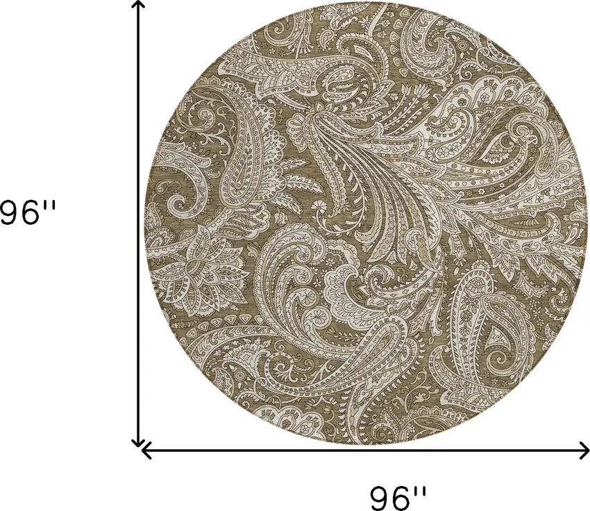 8' Chocolate Beige And Ivory Round Paisley Washable Indoor Outdoor Area Rug Photo 3