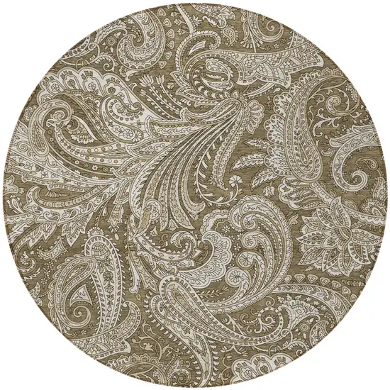 8' Chocolate Beige And Ivory Round Paisley Washable Indoor Outdoor Area Rug Photo 5
