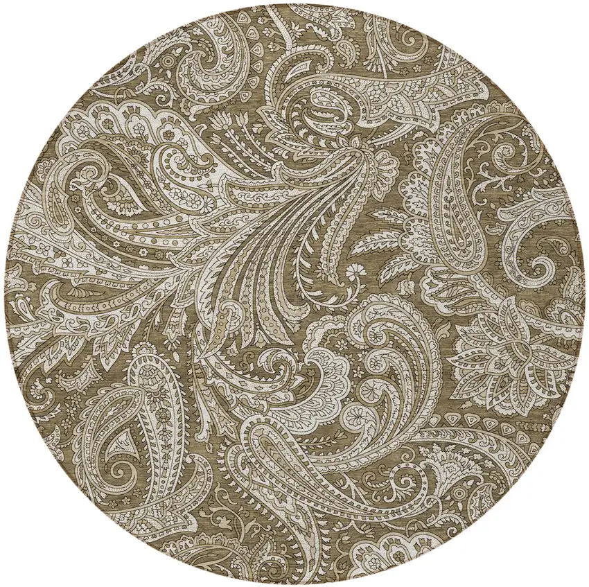 8' Chocolate Beige And Ivory Round Paisley Washable Indoor Outdoor Area Rug Photo 5