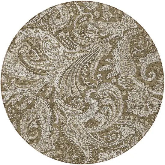 8' Chocolate Beige And Ivory Round Paisley Washable Indoor Outdoor Area Rug Photo 5