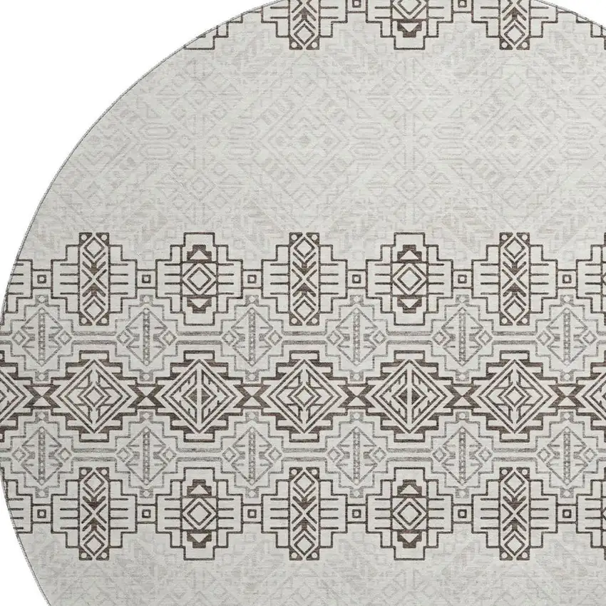 8' Chocolate Beige And Ivory Southwestern Washable Round Rug With UV Protection Photo 2