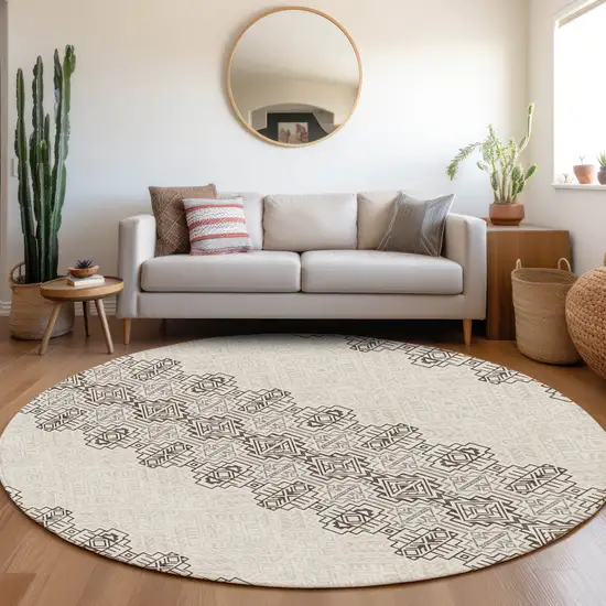 8' Chocolate Beige And Ivory Southwestern Washable Round Rug With UV Protection Photo 5