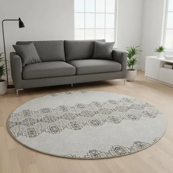 8' Chocolate Beige And Ivory Southwestern Washable Round Rug With UV Protection Photo 2