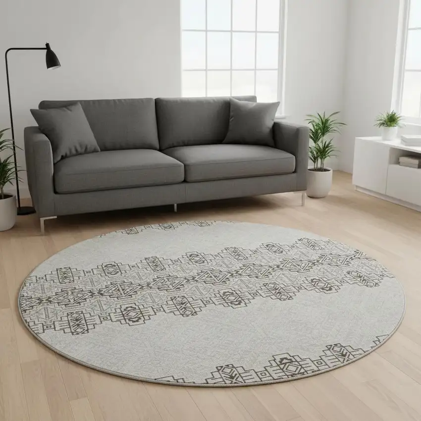 8' Chocolate Beige And Ivory Southwestern Washable Round Rug With UV Protection Photo 2