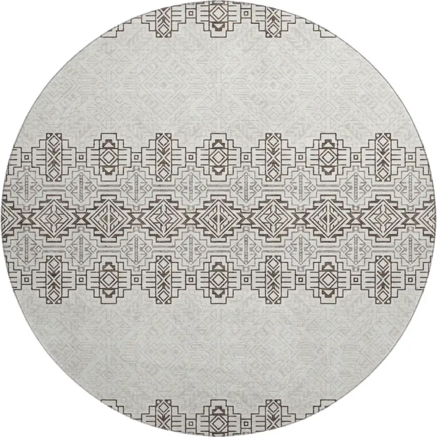 8' Chocolate Beige And Ivory Southwestern Washable Round Rug With UV Protection Photo 1