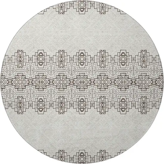 8' Chocolate Beige And Ivory Southwestern Washable Round Rug With UV Protection Photo 3