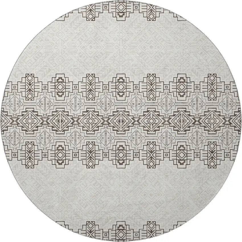 8' Chocolate Beige And Ivory Southwestern Washable Round Rug With UV Protection Photo 3