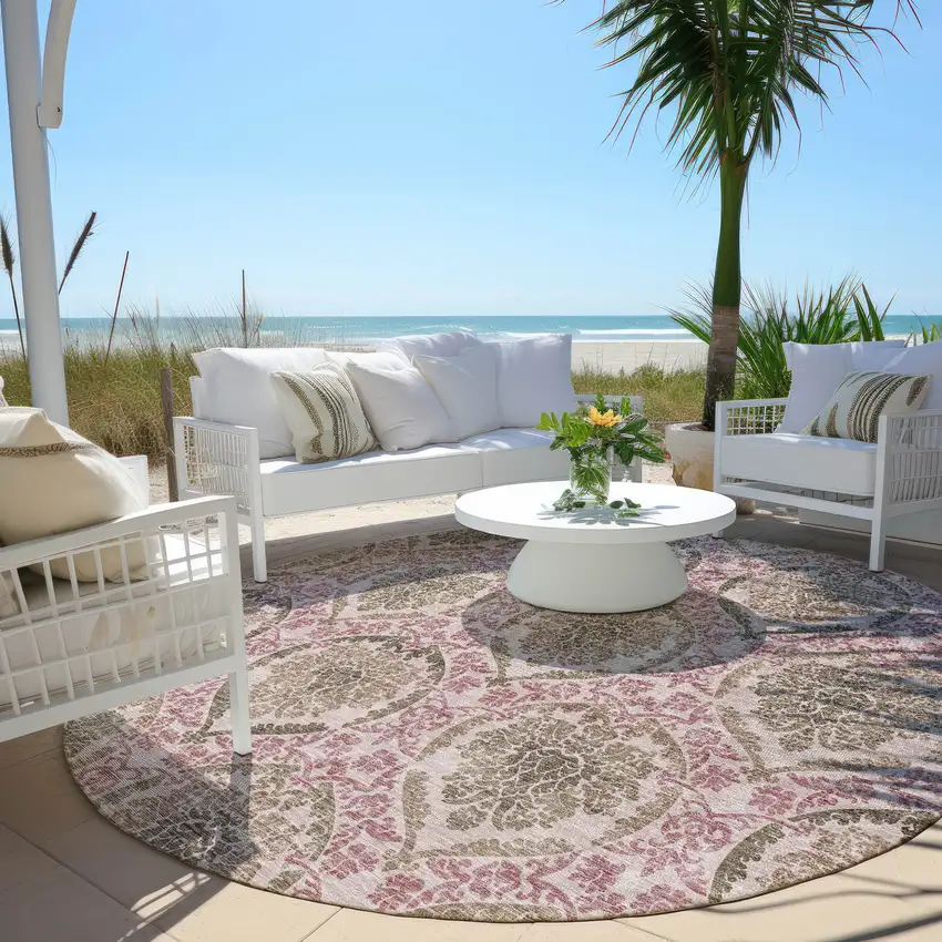 8' Chocolate Beige And Mauve Round Medallion Washable Indoor Outdoor Area Rug Photo 7
