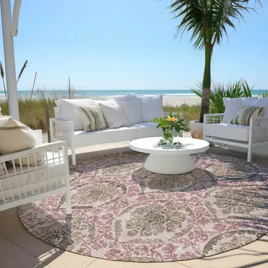 8' Chocolate Beige And Mauve Round Medallion Washable Indoor Outdoor Area Rug Photo 7