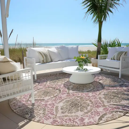 8' Chocolate Beige And Mauve Round Medallion Washable Indoor Outdoor Area Rug Photo 7