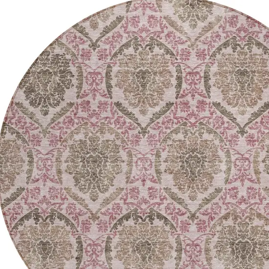 8' Chocolate Beige And Mauve Round Medallion Washable Indoor Outdoor Area Rug Photo 5