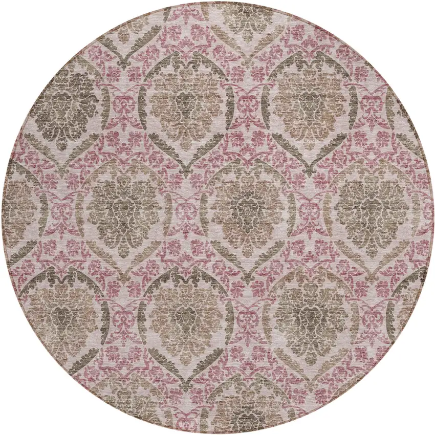 8' Chocolate Beige And Mauve Round Medallion Washable Indoor Outdoor Area Rug Photo 2