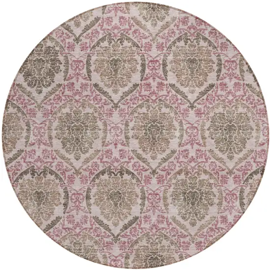 8' Chocolate Beige And Mauve Round Medallion Washable Indoor Outdoor Area Rug Photo 2