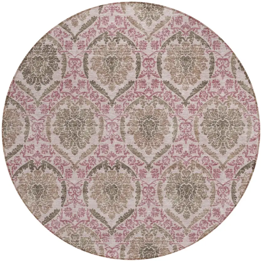 8' Chocolate Beige And Mauve Round Medallion Washable Indoor Outdoor Area Rug Photo 2