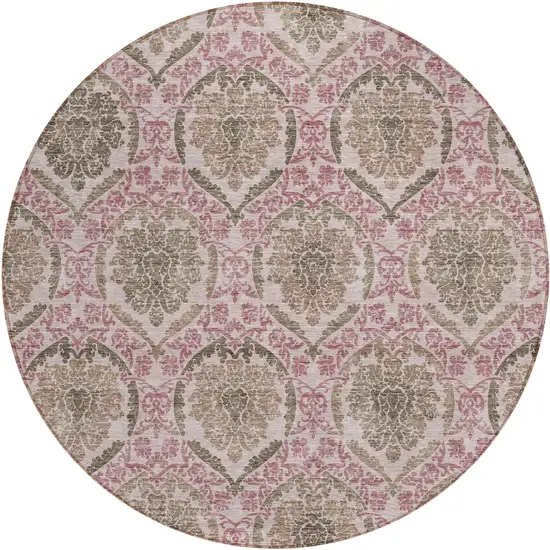 8' Chocolate Beige And Mauve Round Medallion Washable Indoor Outdoor Area Rug Photo 2