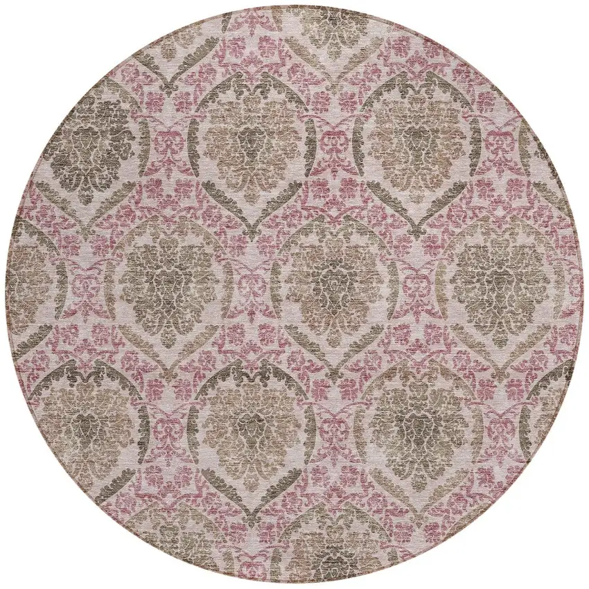 8' Chocolate Beige And Mauve Round Medallion Washable Indoor Outdoor Area Rug Photo 6