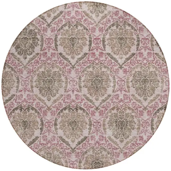 8' Chocolate Beige And Mauve Round Medallion Washable Indoor Outdoor Area Rug Photo 6