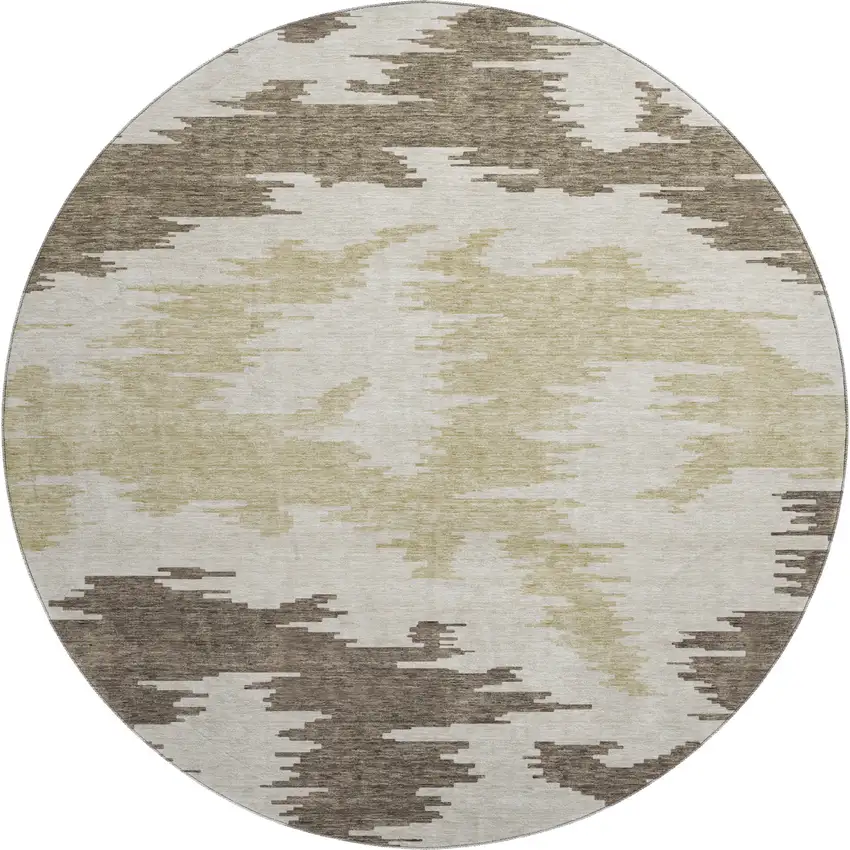 8' Chocolate Beige And Taupe Abstract Washable Round Rug With UV Protection Photo 1