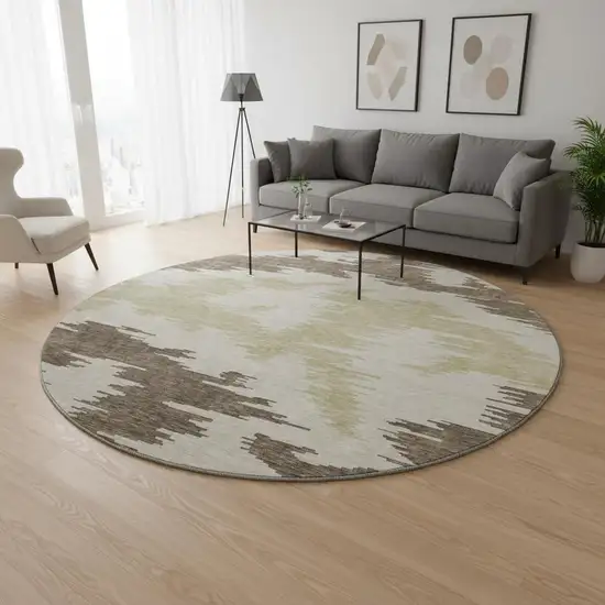 8' Chocolate Beige And Taupe Abstract Washable Round Rug With UV Protection Photo 2