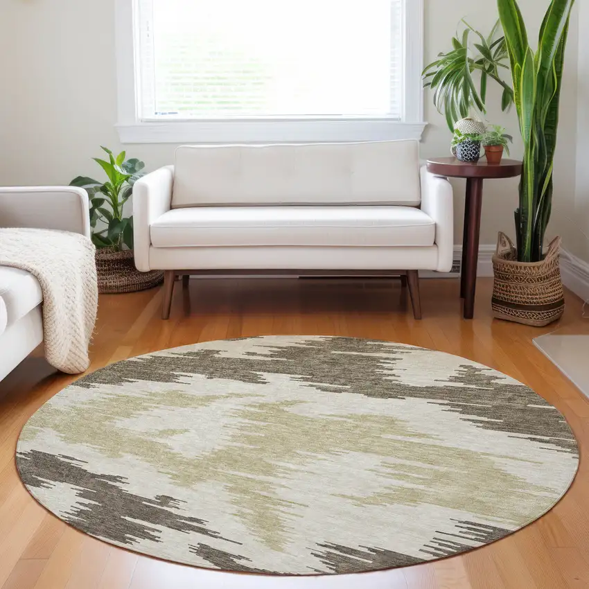 8' Chocolate Beige And Taupe Abstract Washable Round Rug With UV Protection Photo 5