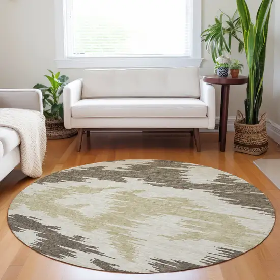 8' Chocolate Beige And Taupe Abstract Washable Round Rug With UV Protection Photo 5