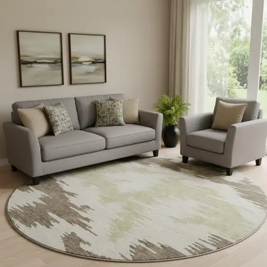 8' Chocolate Beige And Taupe Abstract Washable Round Rug With UV Protection Photo 1