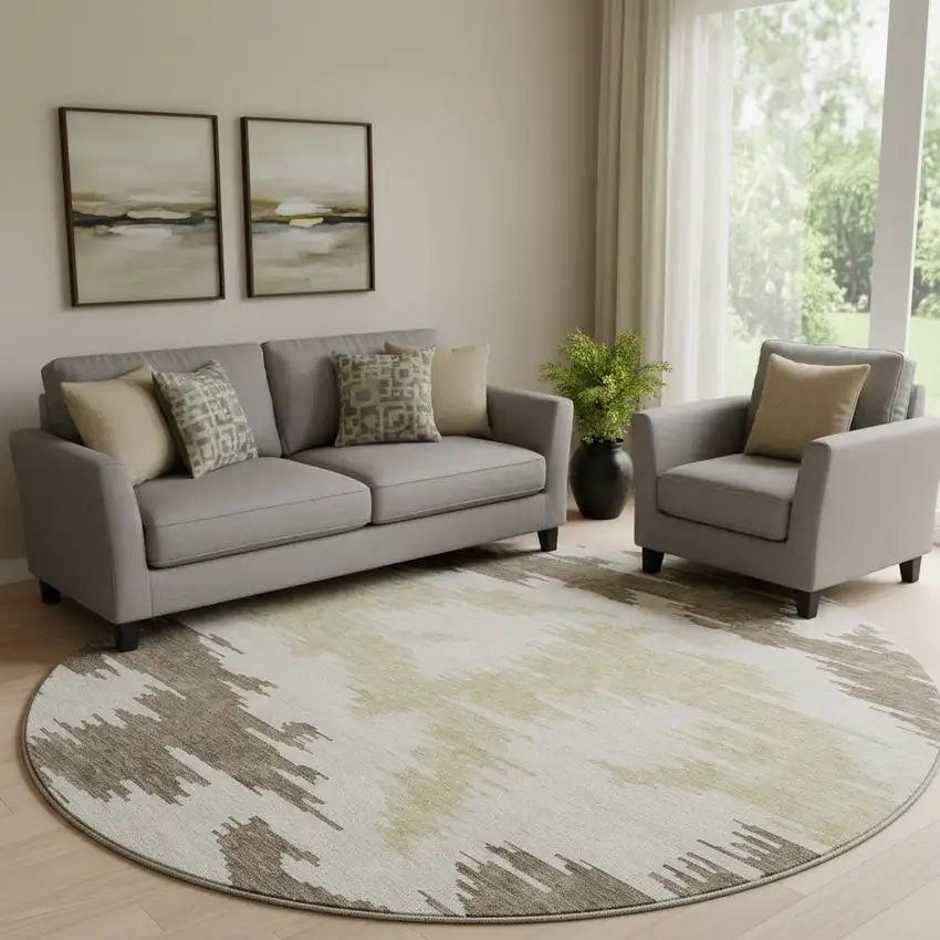 8' Chocolate Beige And Taupe Abstract Washable Round Rug With UV Protection Photo 1