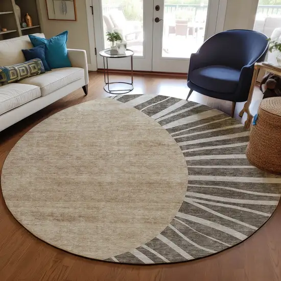 8' Chocolate Beige And Taupe Round Abstract Washable Indoor Outdoor Area Rug Photo 7