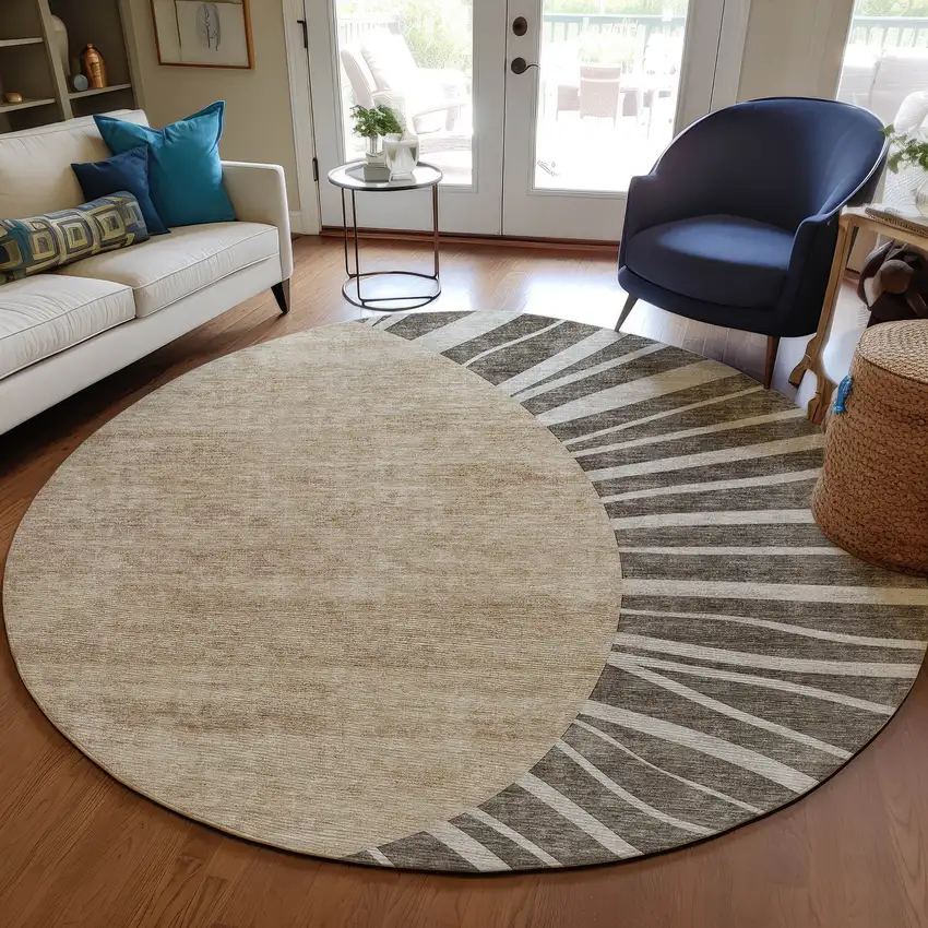 8' Chocolate Beige And Taupe Round Abstract Washable Indoor Outdoor Area Rug Photo 7