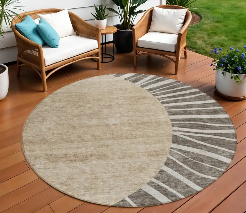 8' Chocolate Beige And Taupe Round Abstract Washable Indoor Outdoor Area Rug Photo 1