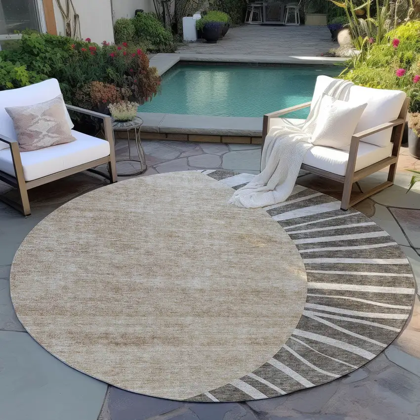 8' Chocolate Beige And Taupe Round Abstract Washable Indoor Outdoor Area Rug Photo 6
