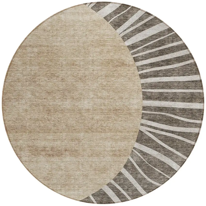 8' Chocolate Beige And Taupe Round Abstract Washable Indoor Outdoor Area Rug Photo 5