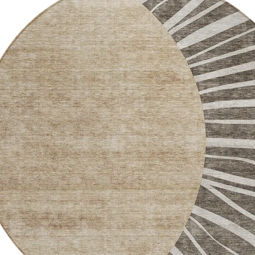 8' Chocolate Beige And Taupe Round Abstract Washable Indoor Outdoor Area Rug Photo 4