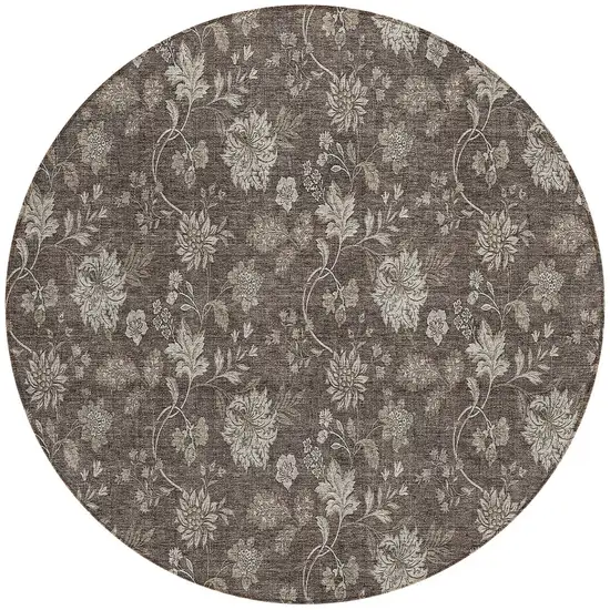8' Chocolate Beige And Taupe Round Floral Washable Indoor Outdoor Area Rug Photo 5