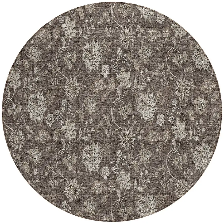 8' Chocolate Beige And Taupe Round Floral Washable Indoor Outdoor Area Rug Photo 5