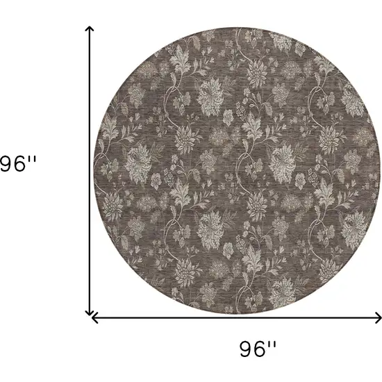 8' Chocolate Beige And Taupe Round Floral Washable Indoor Outdoor Area Rug Photo 3