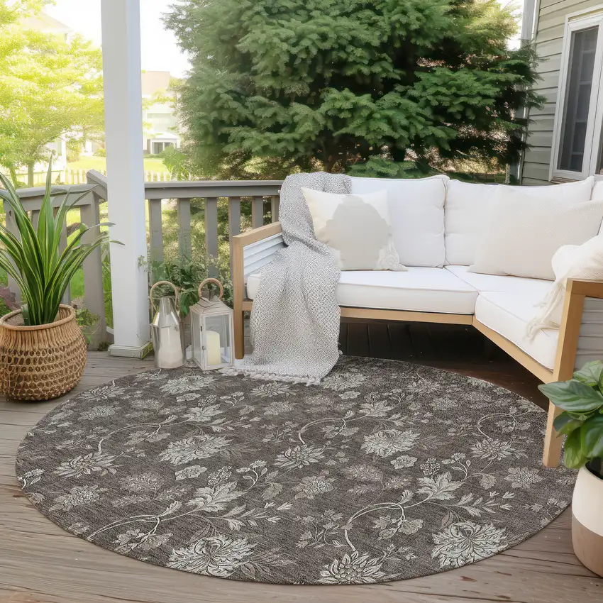 8' Chocolate Beige And Taupe Round Floral Washable Indoor Outdoor Area Rug Photo 6