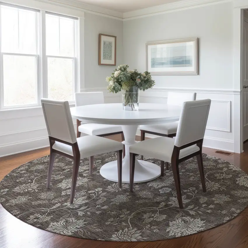 8' Chocolate Beige And Taupe Round Floral Washable Indoor Outdoor Area Rug Photo 7