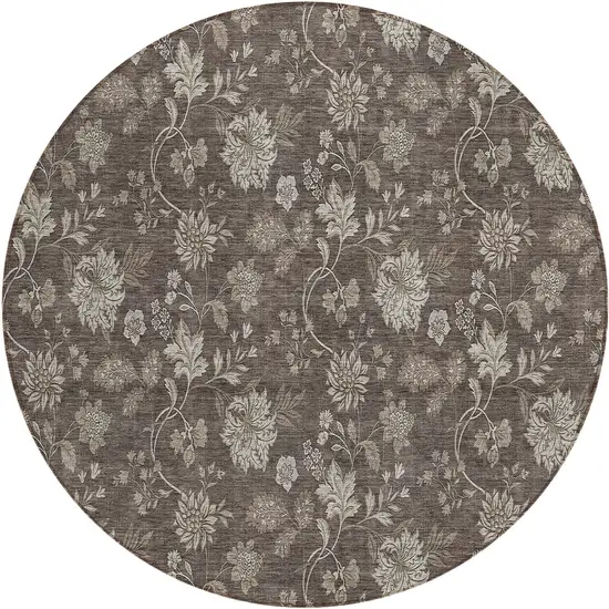 8' Chocolate Beige And Taupe Round Floral Washable Indoor Outdoor Area Rug Photo 2