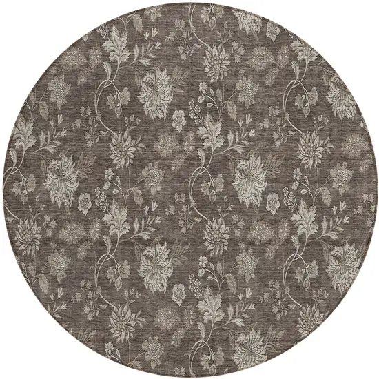 8' Chocolate Beige And Taupe Round Floral Washable Indoor Outdoor Area Rug Photo 2